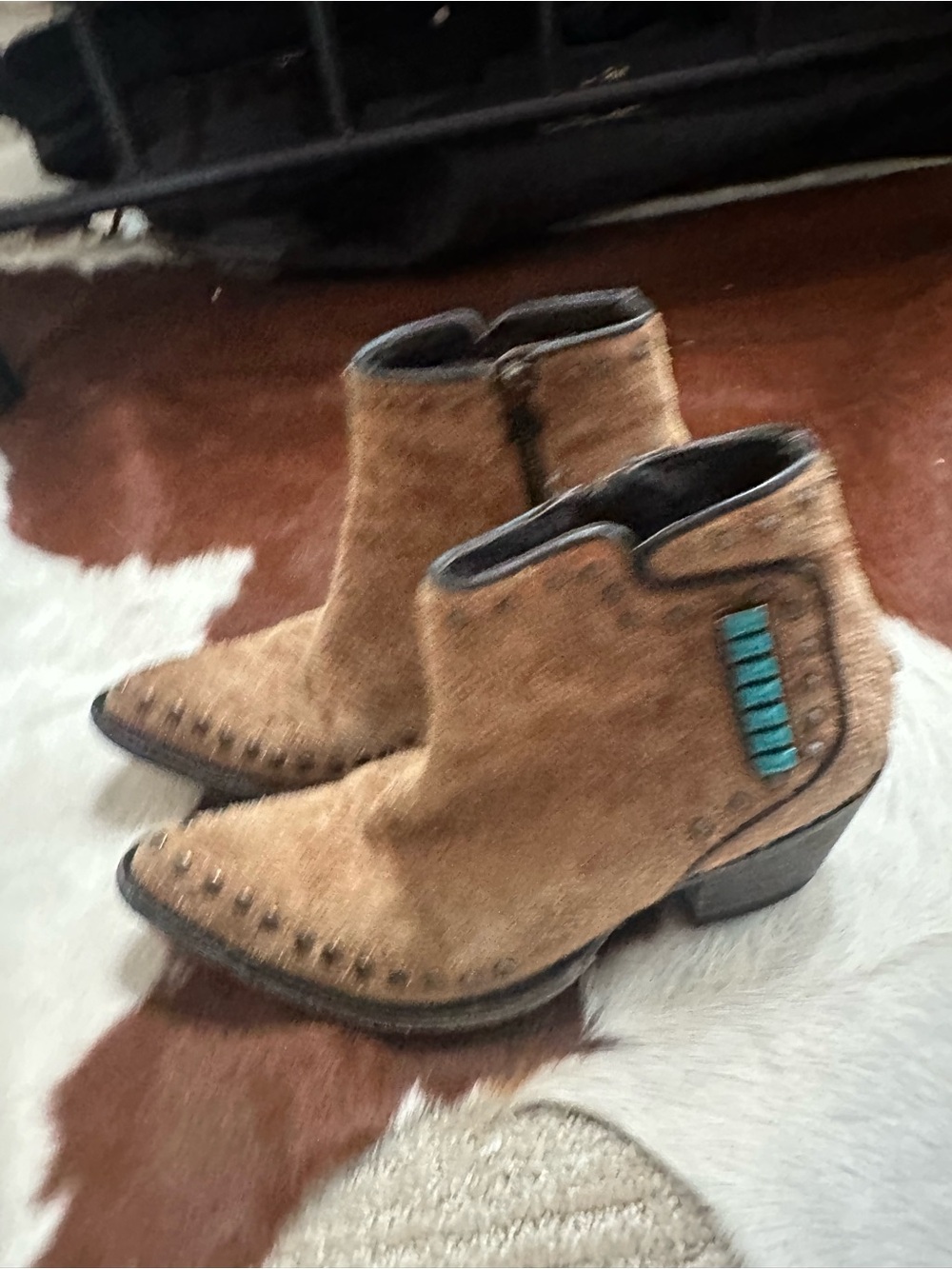 Double D Ranch Tan Suede Ankle Boots with Turquoise Bead Accent